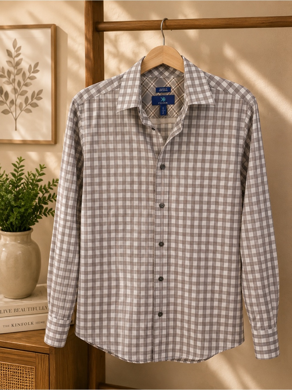 Egara Brown & White Gingham Casual Button-Down Shirt